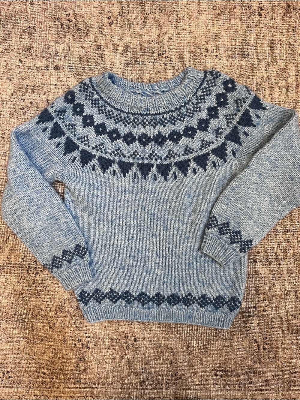 Nordic Hand Knit Fair Aisle Crewneck Sweater in Light Blue and Navy M